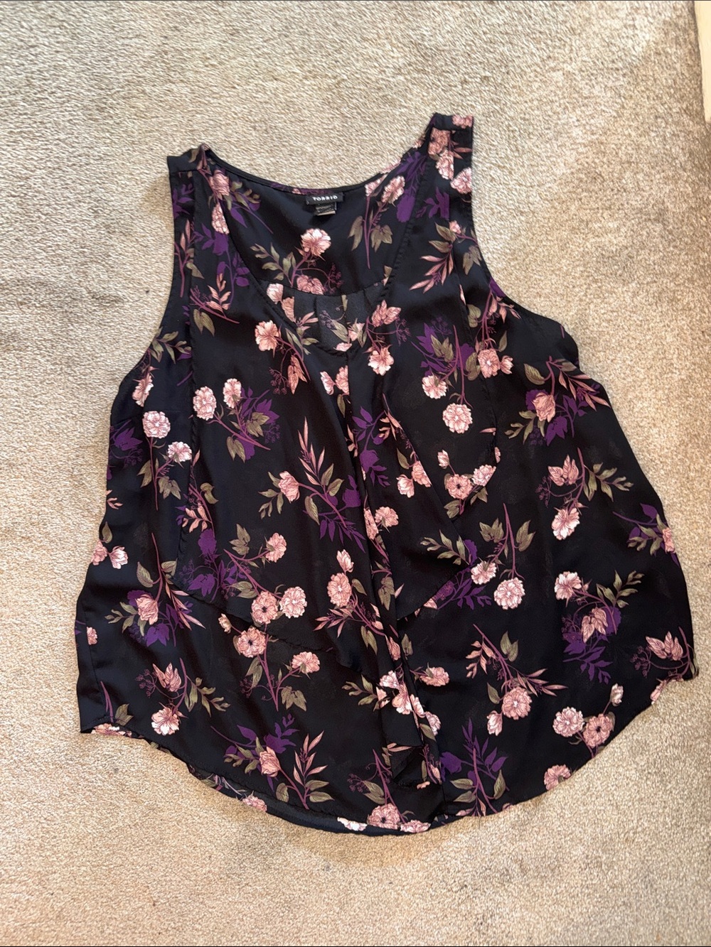 torrid Black Floral Sleeveless Camisole with Pink & Purple Blooms